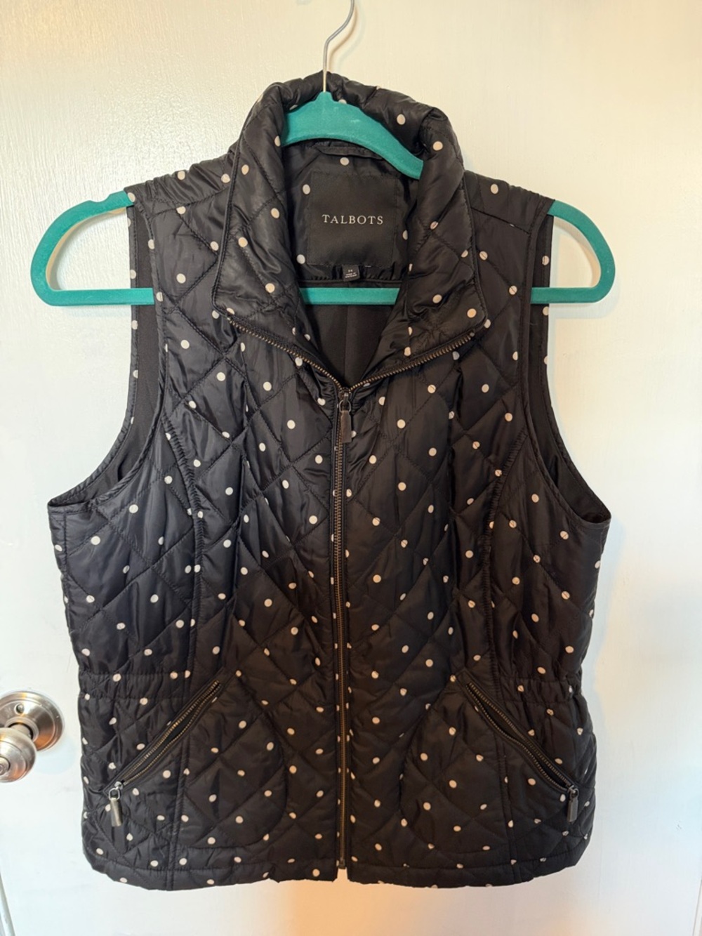 Talbots Black Quilted Vest with Cream Polka Dots